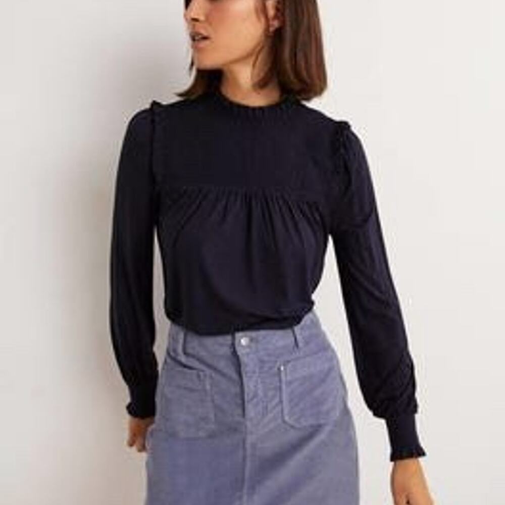 Boden Navy Blue Long Sleeve Blouse Ruffle Smock High Neck